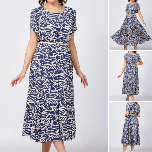 Women’s Trendy Blue Print Short Sleeve Flowy Dress with Belt