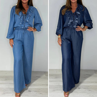 🌸Spring Specials💐Women's Tiered Long-Sleeve Tops ＆ Wide-Leg Pants Set