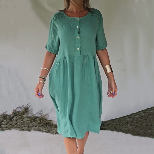 Short Sleeve Cotton Linen Shirt Dress with Retro Style