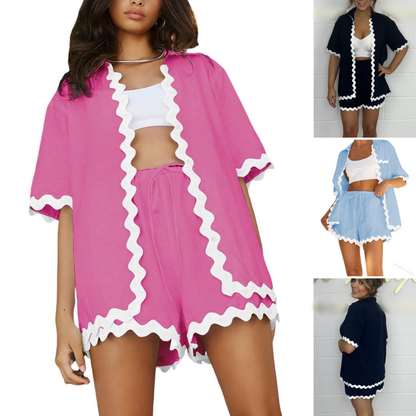 White Wave Cardigan + Shorts 2-Piece Set