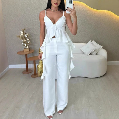 Women's Fashion Ruffle Hem Spaghetti Top Wide Leg Pants Set