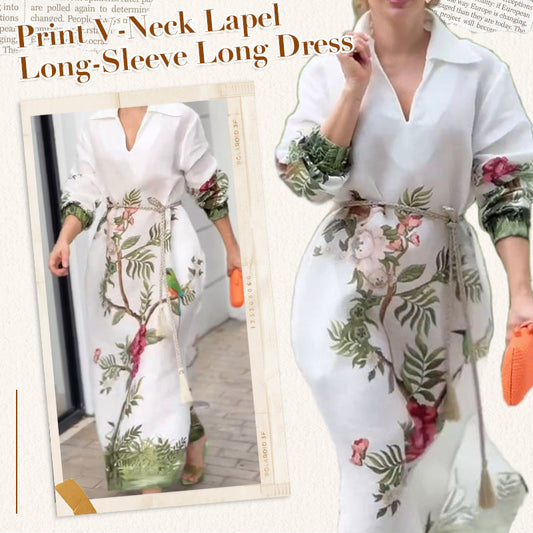 🌸Limited Sale 50% OFF🌸Women’s Print V-Neck Lapel Long-Sleeve Long Dress