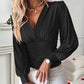 Women's Sexy V-Neck Solid Color Hollow Pattern Waist Long Sleeve Top