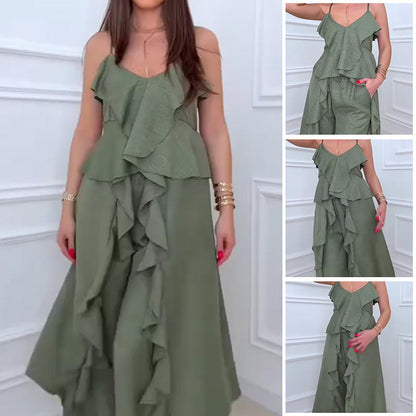 Women's Fashion Ruffle Hem Spaghetti Top Drawstring Wide Leg Pants Set