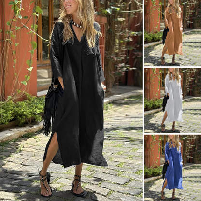 ❤️2025 New Products❤️Women's Casual V-Neck Long Dress with Pockets & Slit Hem