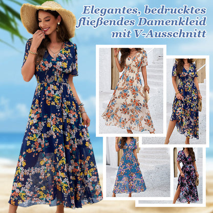 Women's Elegant Printed Flowing Dress with V-Neck