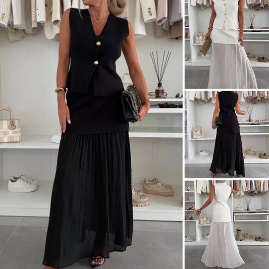 💖LAST DAY SALE 50% OFF💖Women's Gold Buttons Knitted Vest & Skirt Set