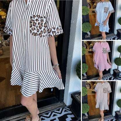 Women's Fashion Striped Patchwork Leopard Print Shirt Dresses