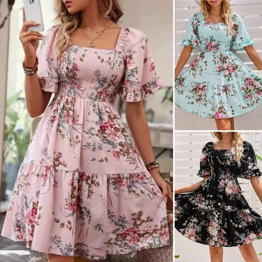 Women’s Elegant Square Neck Floral Print Smocked Dress