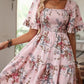 Women’s Elegant Square Neck Floral Print Smocked Dress