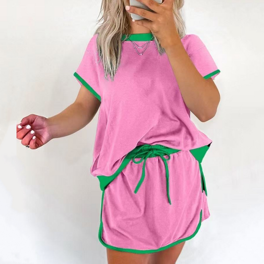 Women's Fashion Color Collision Short Sleeve Top & Shorts 2-Piece Set