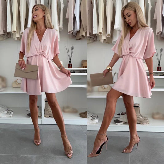 V-Neck Solid Asymmetrical Hem Dress