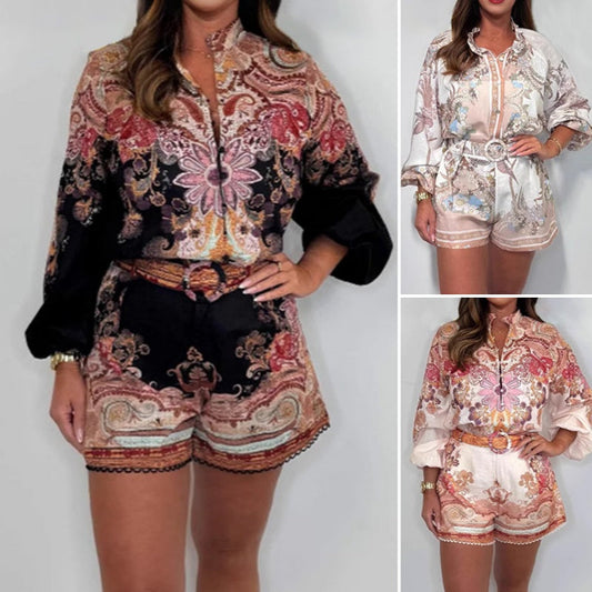 Fashion Prints Button Up Shirt Top & Belted Shorts Two Piece Set