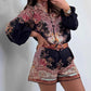 Fashion Prints Button Up Shirt Top & Belted Shorts Two Piece Set