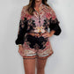 Fashion Prints Button Up Shirt Top & Belted Shorts Two Piece Set