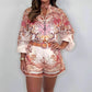 Fashion Prints Button Up Shirt Top & Belted Shorts Two Piece Set