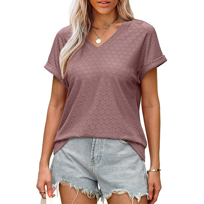 Women's V-Neck Hollow Solid Color Comfortable Breathable T-Shirt