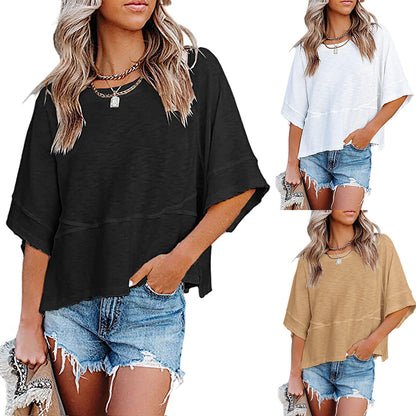 Women's Solid Color Splicing Loose Five Points Flare Sleeve T-Shirt
