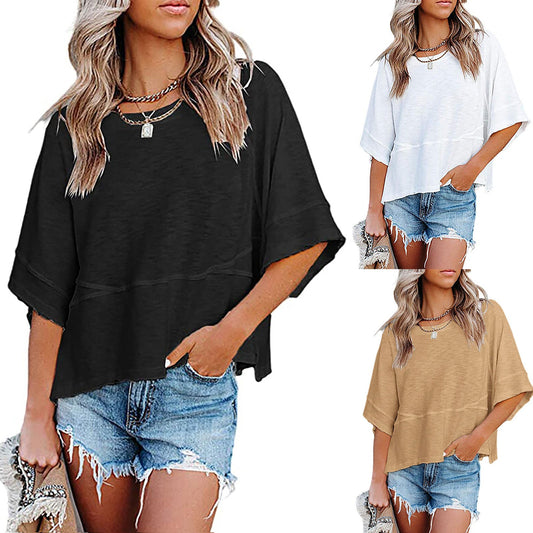 Women's Solid Color Splicing Loose Five Points Flare Sleeve T-Shirt