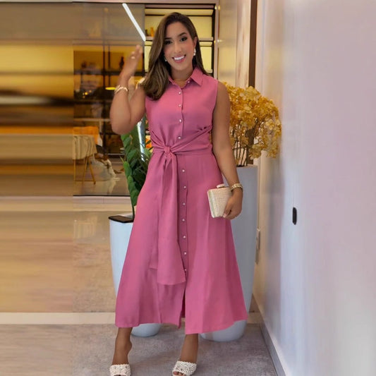 Women's Elegant Sleeveless Button Down Shirt Long Dress