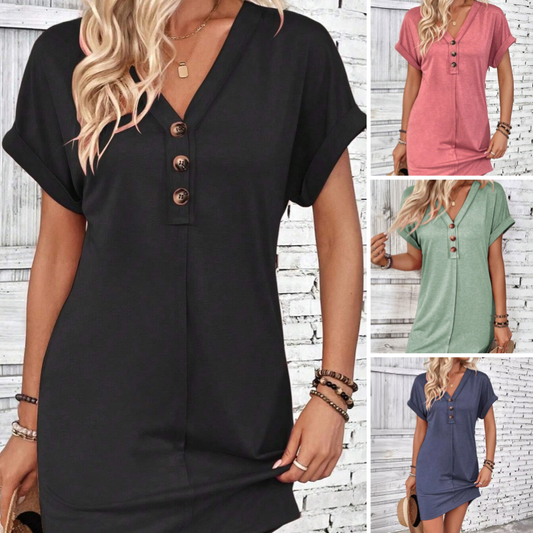 Women's Fashion Hundred Solid Color Button V Neck Roll Sleeve Dresses