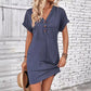 Women's Fashion Hundred Solid Color Button V Neck Roll Sleeve Dresses