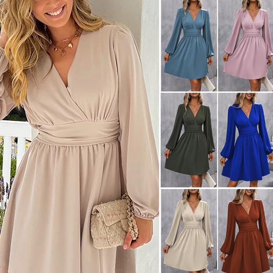 Women's Fashion Wrap V-Neck Empire Waist Lantern Sleeve Dress