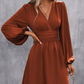 Women's Fashion Wrap V-Neck Empire Waist Lantern Sleeve Dress