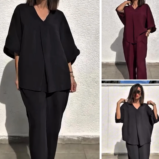 Women's Casual Loose Fit V-Neck Top & Pants Two-Piece Set