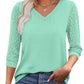 Women's Casual V-Neck Lace 3/4 Length Sleeve Top