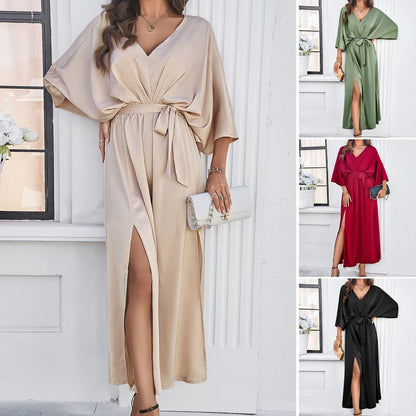 Women's Elegant Split Solid Color V-Neck Dresses