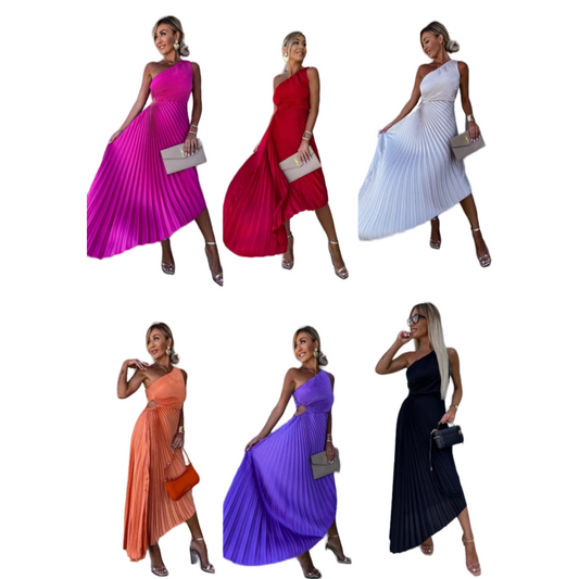 One-Shoulder Pleated Hollow Maxi Dress