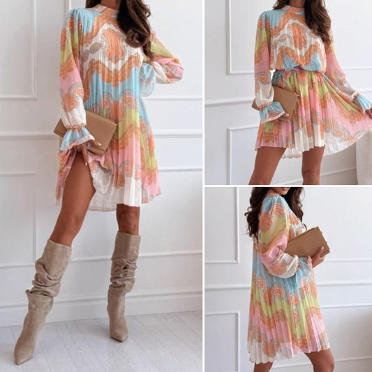 Women's Fashion Printed Stand Collar Waisted Long Sleeve Dresses