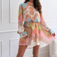 Women's Fashion Printed Stand Collar Waisted Long Sleeve Dresses