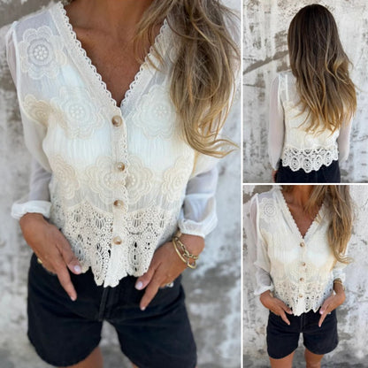 Women's V-Neck Lace Embroidery Long Sleeve Blouse