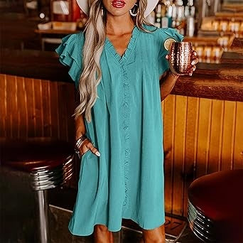 Women's Casual V-Neck Ruffle Pleated Dress