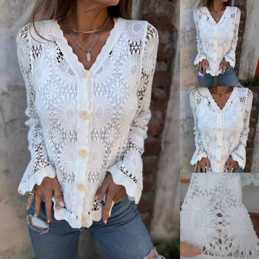 🏆Flash Sale⚡ 50K+ SOLD! Almost Gone-💥Cutout Embroidered V-Neck Button Long Sleeve Top，Best gifts