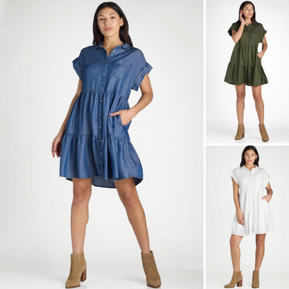 Women’s Lapel Short Sleeve Pleated Button-Down Dress