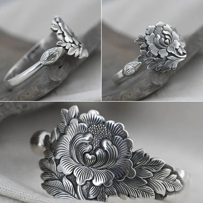 Vintage Silver 3D Peony Bracelet