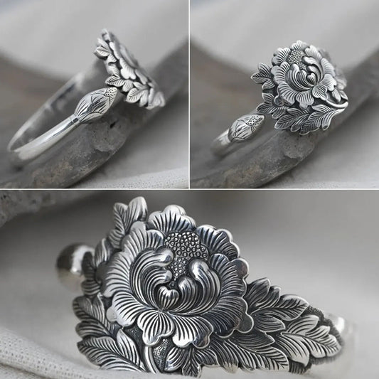 Vintage Silver 3D Peony Bracelet