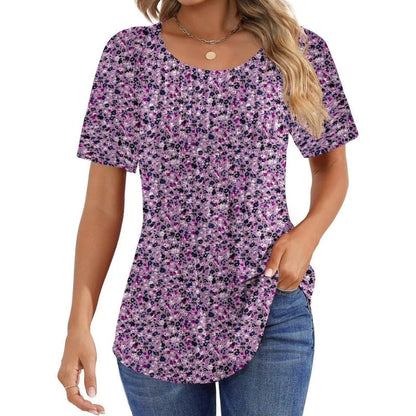 🔥2025 HOT SALE 50% OFF🔥 Round Neck Pleated Short Sleeve Printed T-Shirt