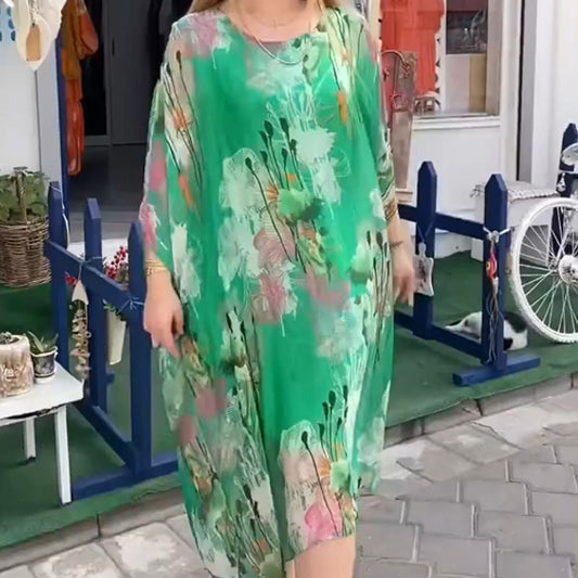 Round Neck Loose Fit Printed Flowy Dress
