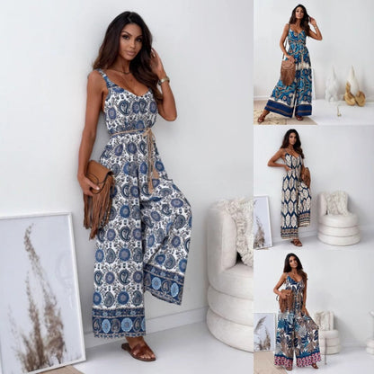 Women’s Trendy Print Backless Jumpsuit with Tassel Belt
