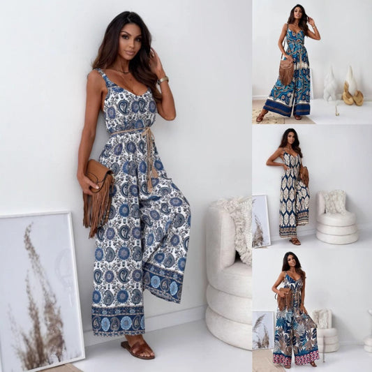 Women’s Trendy Print Backless Jumpsuit with Tassel Belt