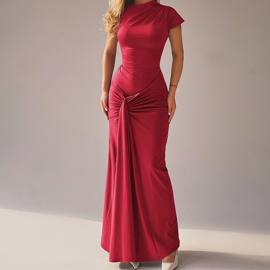 Pleated & Drawstring Slim Maxi Dress