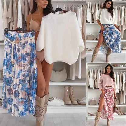 Women's Solid Tops ＆ Floral Printed Skirts Two-Piece Set