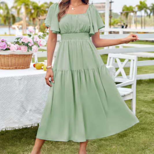 Women's Elegant Solid Square Neck Flowy Dress