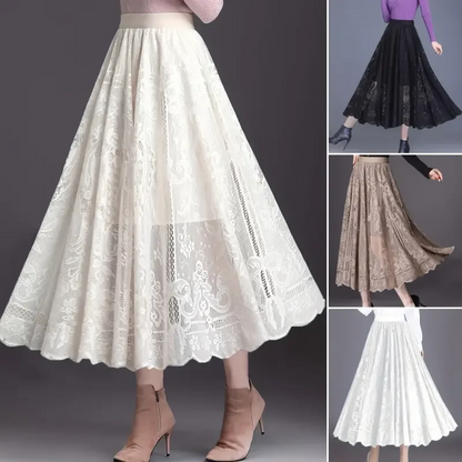 👗High-Rise Pleated Skirt - Lace & Sheer Detail A-Line Design💕