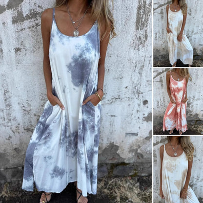 Women Tie Dye Gradient Color Printed Spaghetti Strap Dresses