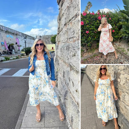 Women's Printed Square Neck Pleated Short Sleeve Dress